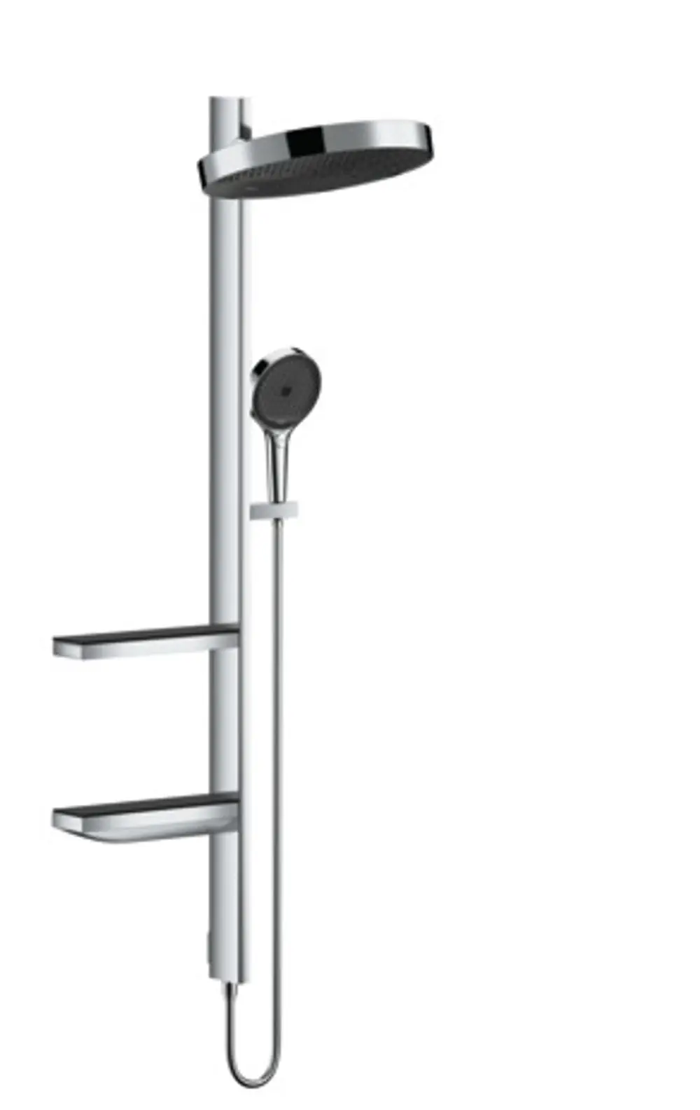 Hansgrohe-Duschsystem mit Kopf- und Handbrause, montiert an einer vertikalen Stange. Zwei Ablageflächen unterhalb des Duschkopfes. Chromfarbenes Design.